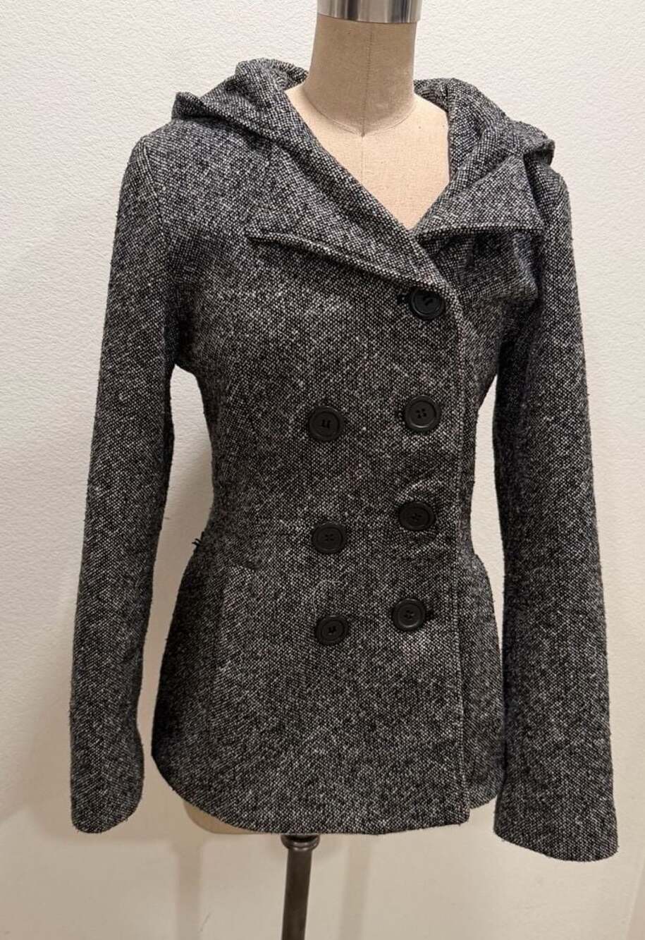 Mudd Black & White Tweed Wool Blend Hooded Double Breasted Pea Coat